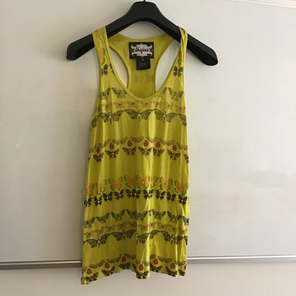 Meghan butterfly print yellow tank top w beading
